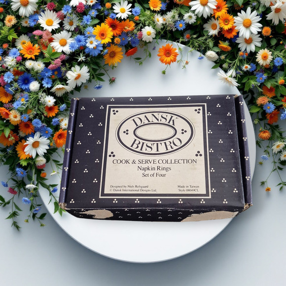 Vtg Dansk Bistro Napkin Rings Christianshavn Blue White Blue Set 4 Original Box - Picture 6 of 8